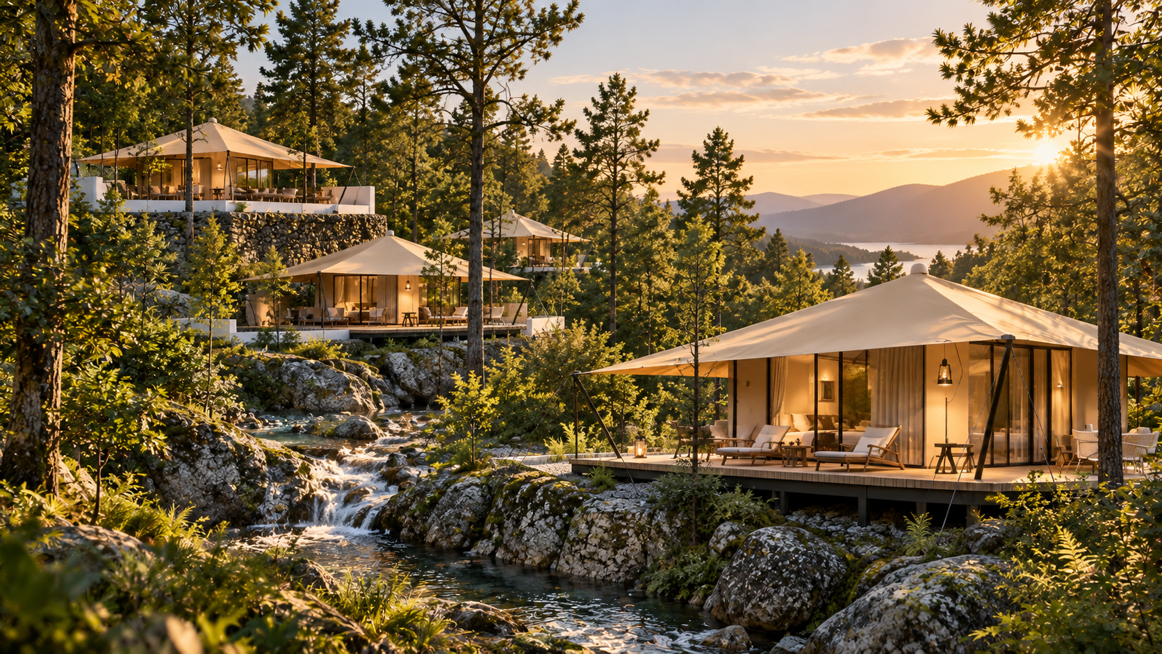 Premium tented resort lodges on decks in a tropical landscape
