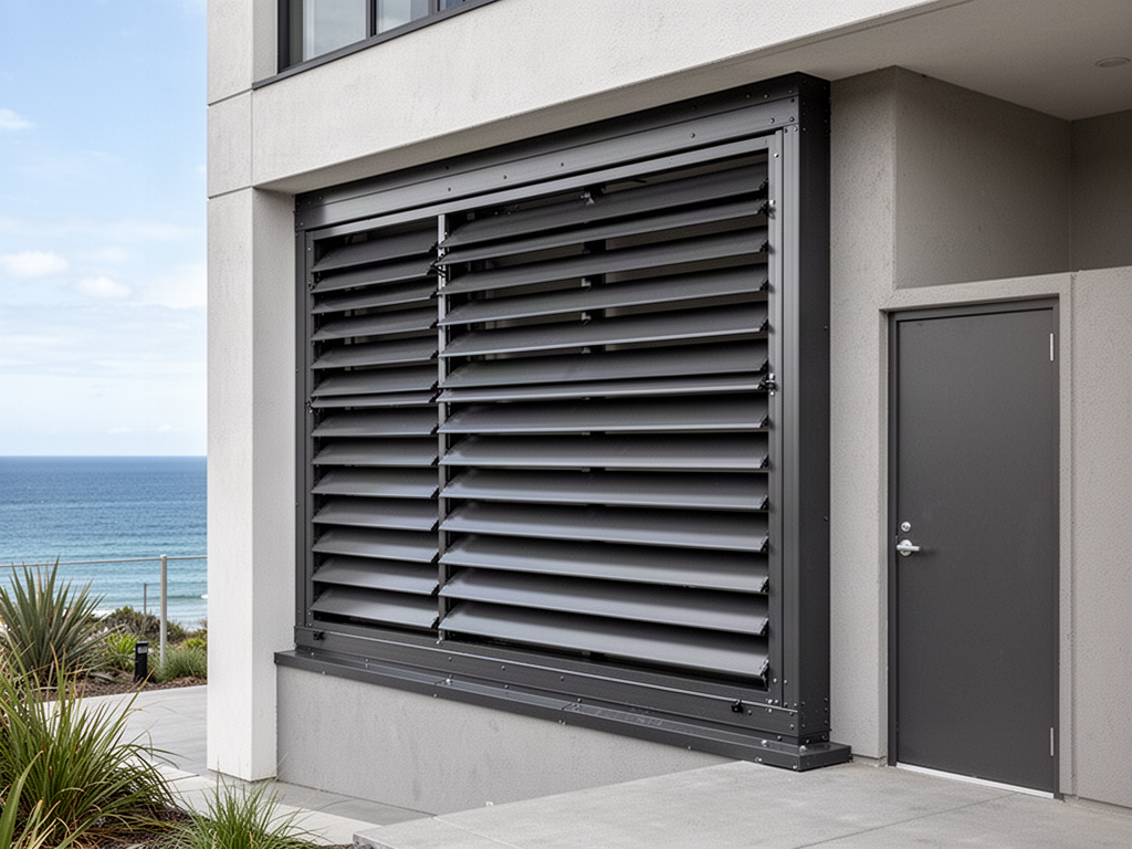 Large aluminium storm and weather-management louvre installed in a coastal commercial plant-room opening
