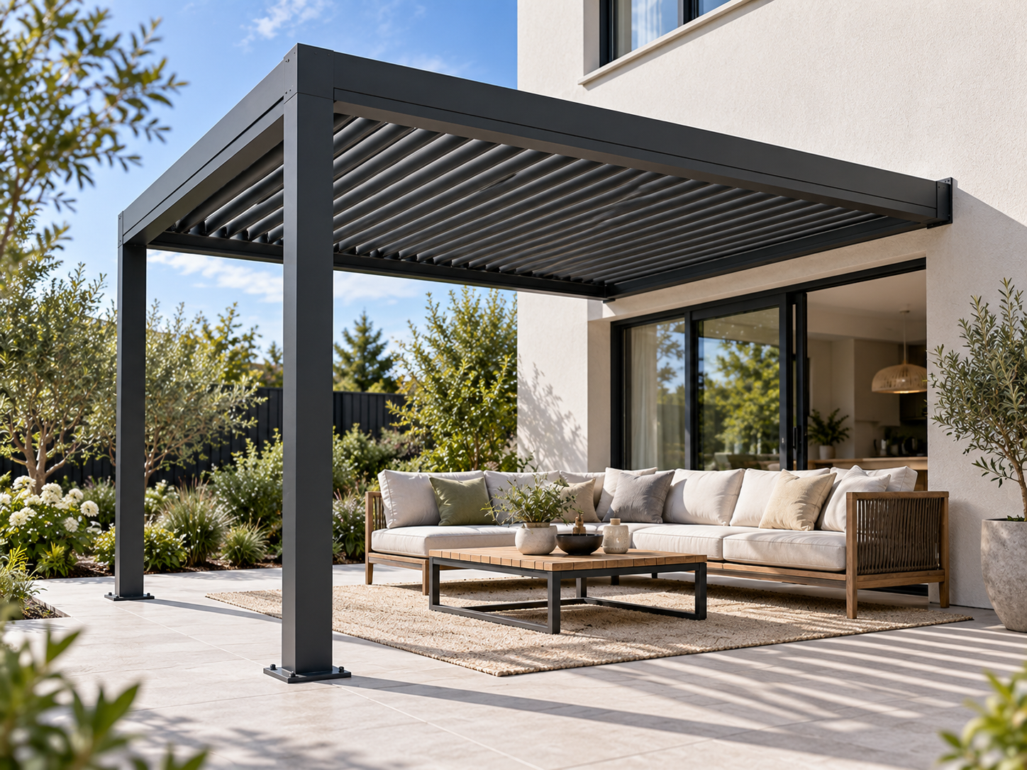 Wall-mounted charcoal CADARN louvre pergola connected to a contemporary home