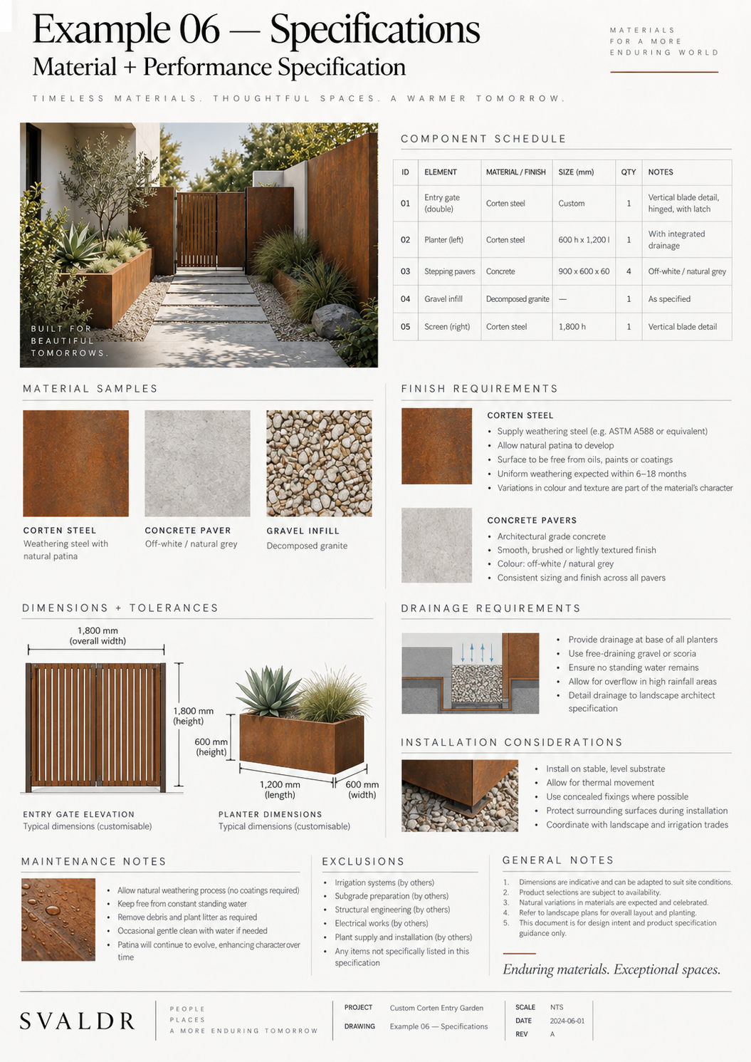 Illustrative material and performance specification for a custom Corten project