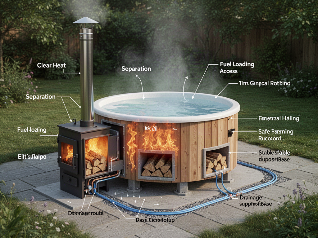 Wood-fired hot tub support, heater, flue and site-planning reference