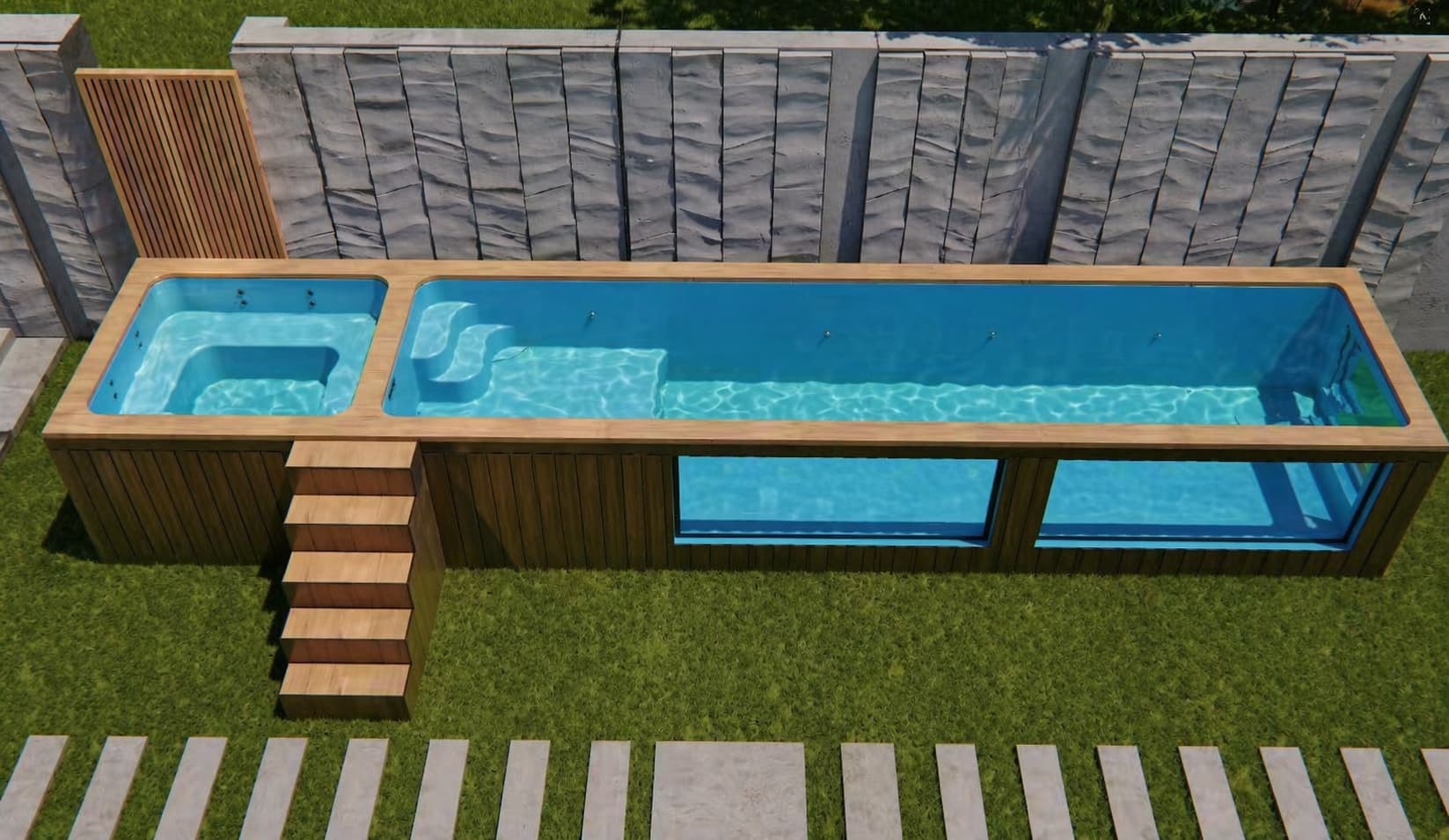 Timber-clad modular container pool with a separate spa section and viewing windows