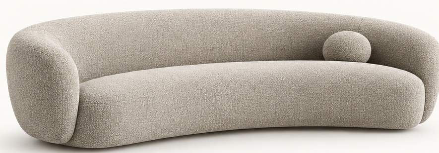 STRAND Crescent sculptural curved Mid-Century sofa in warm neutral upholstery