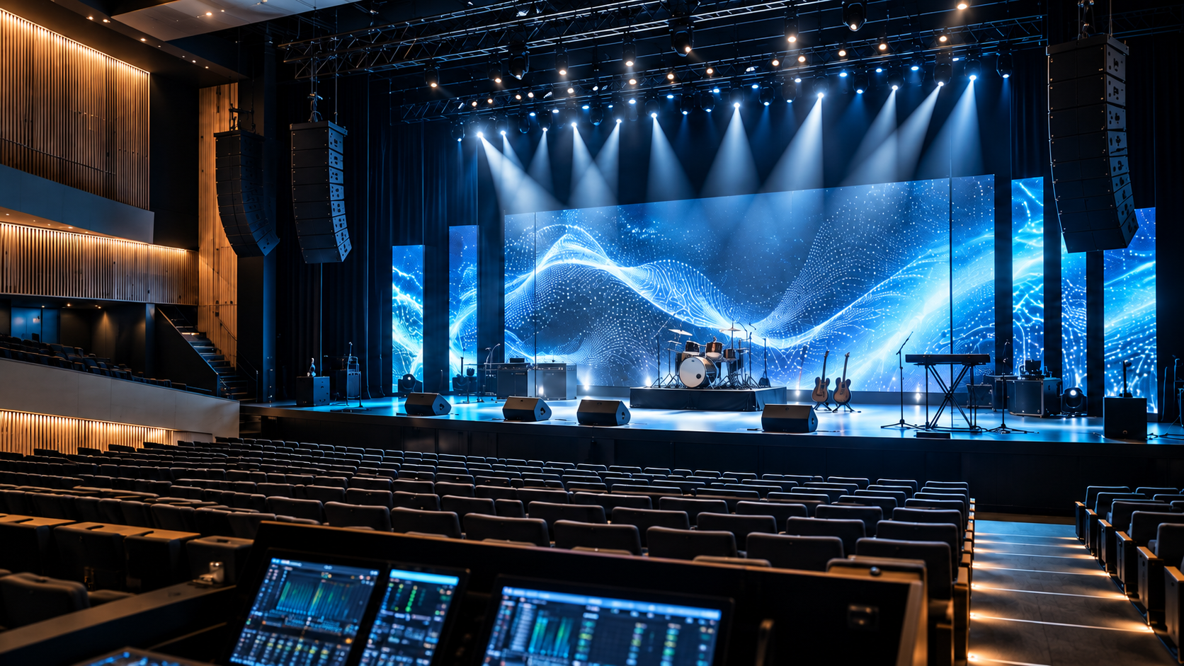 Modern performance venue with professional stage lighting, LED display, audio system and auditorium seating