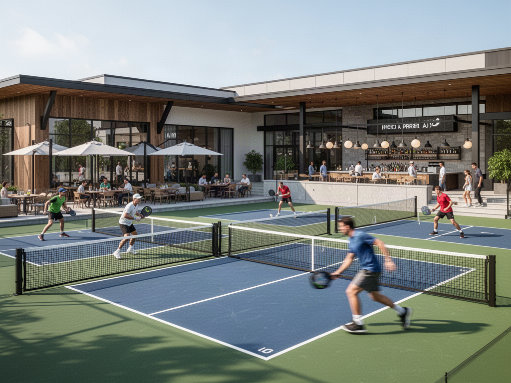 Commercial social sports venue with courts and hospitality seating