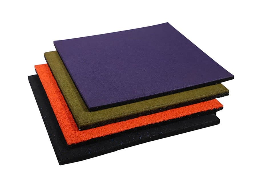 Stacked purple olive orange and black rubber flooring tiles