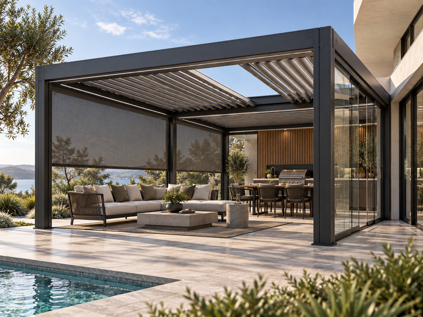 ARKEN retractable louvre outdoor room with integrated guided screen, glass and outdoor kitchen