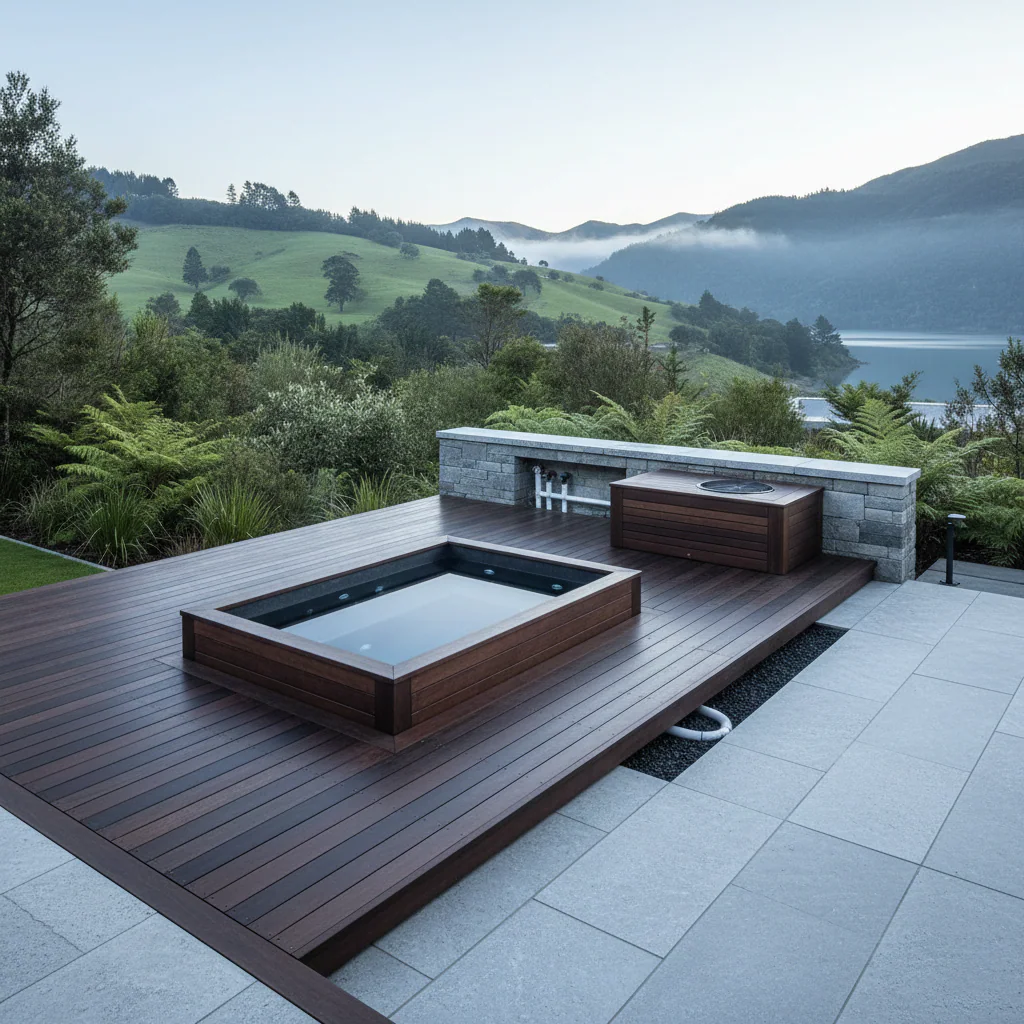 Architectural cold plunge system in a contemporary wellness setting