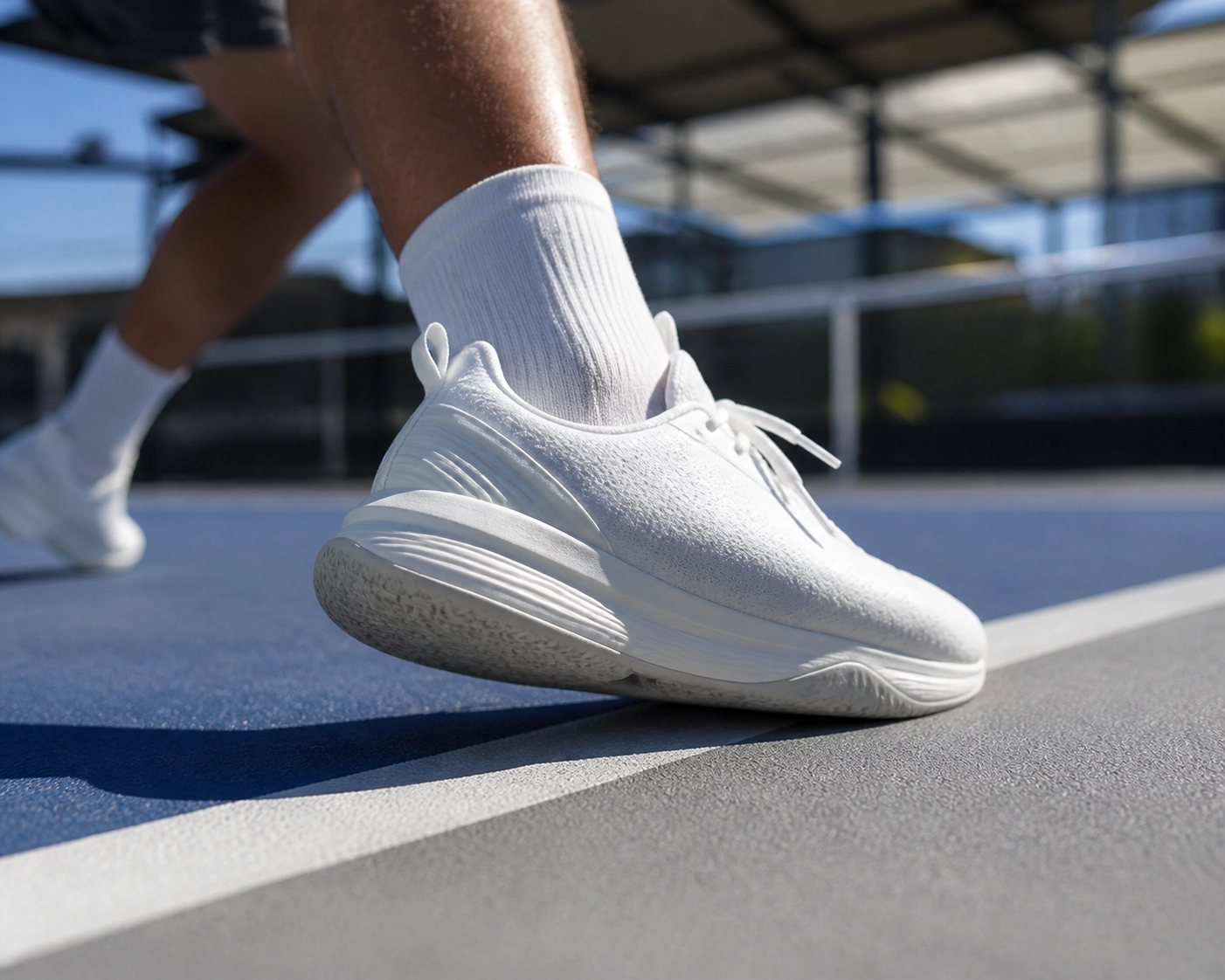 Close view of court footwear contacting a textured pickleball playing surface