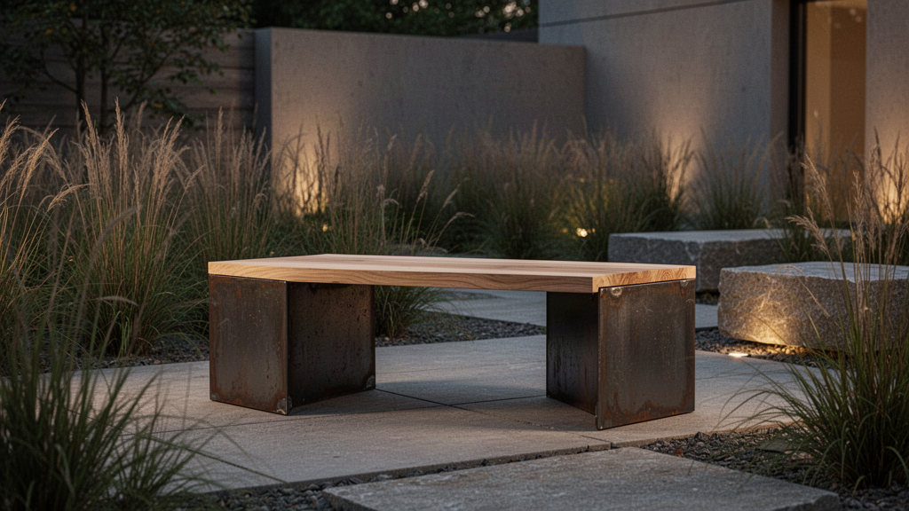 SVALDR Bench with weathered-steel base and timber seat in a contemporary courtyard