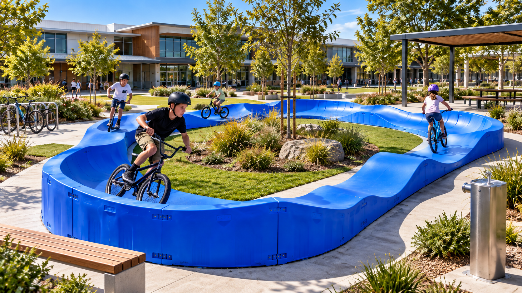 RIDEspan modular pump track integrated into a school campus