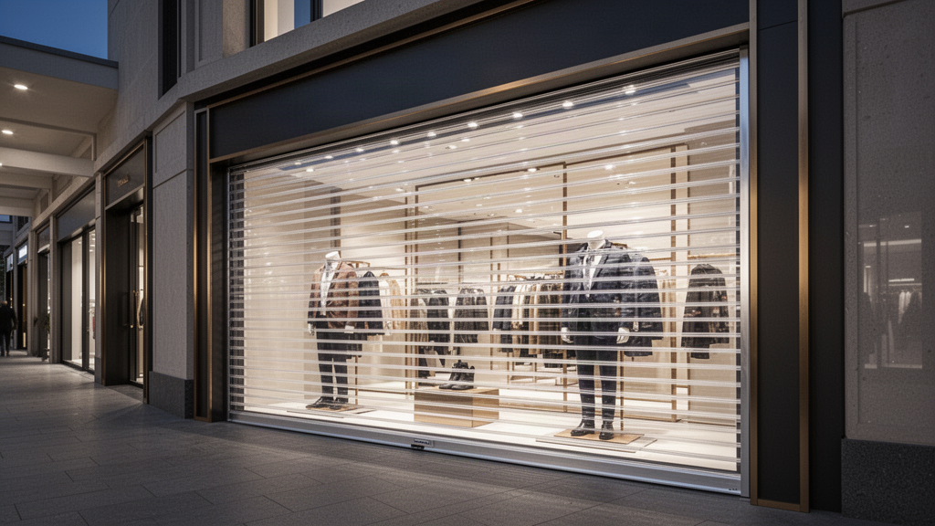 Transparent rolling commercial shopfront closure