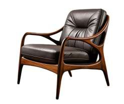 Dark leather-look lounge chair in a sculpted warm timber frame