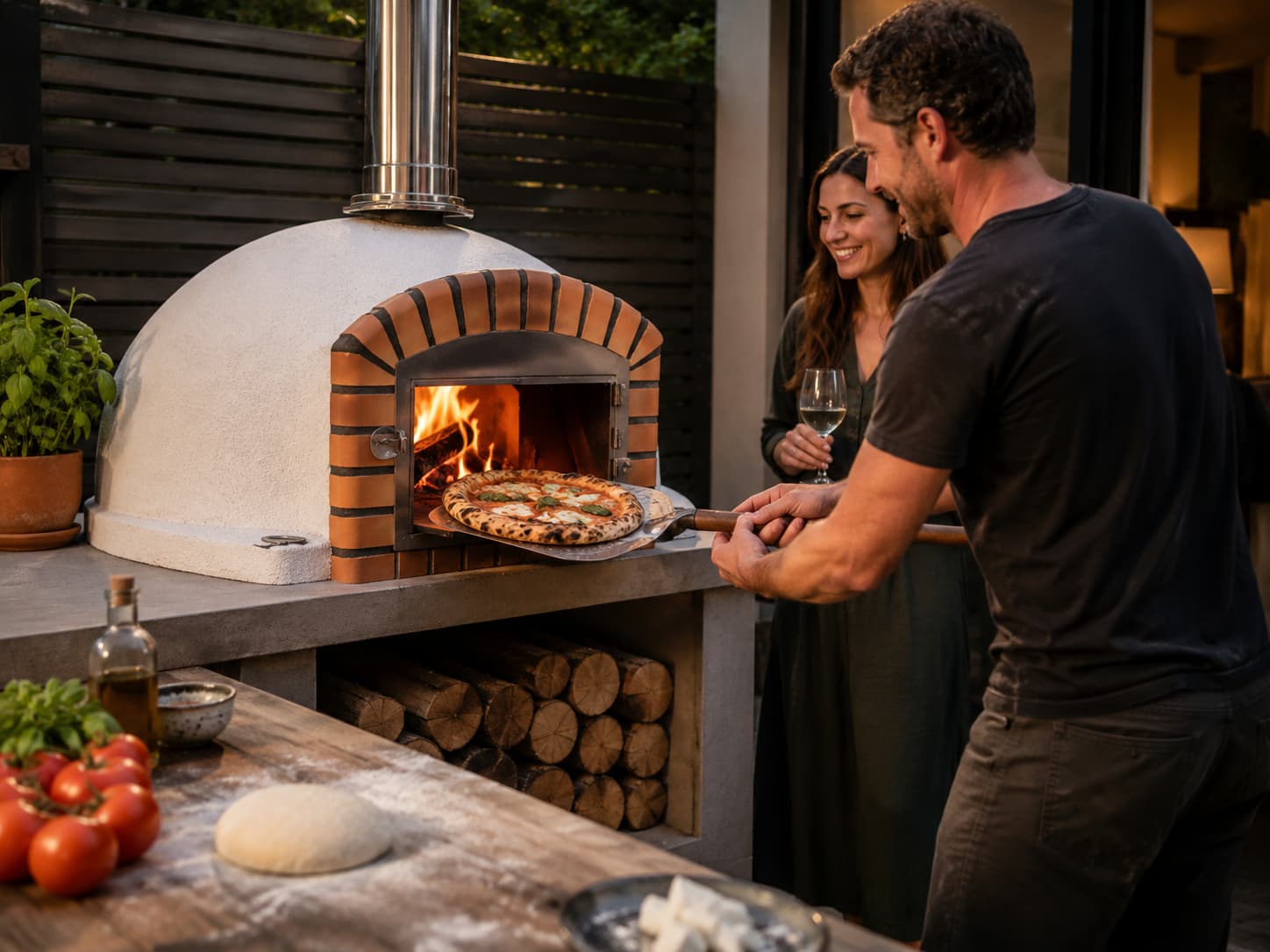 Cook removing pizza from a wood-fired oven