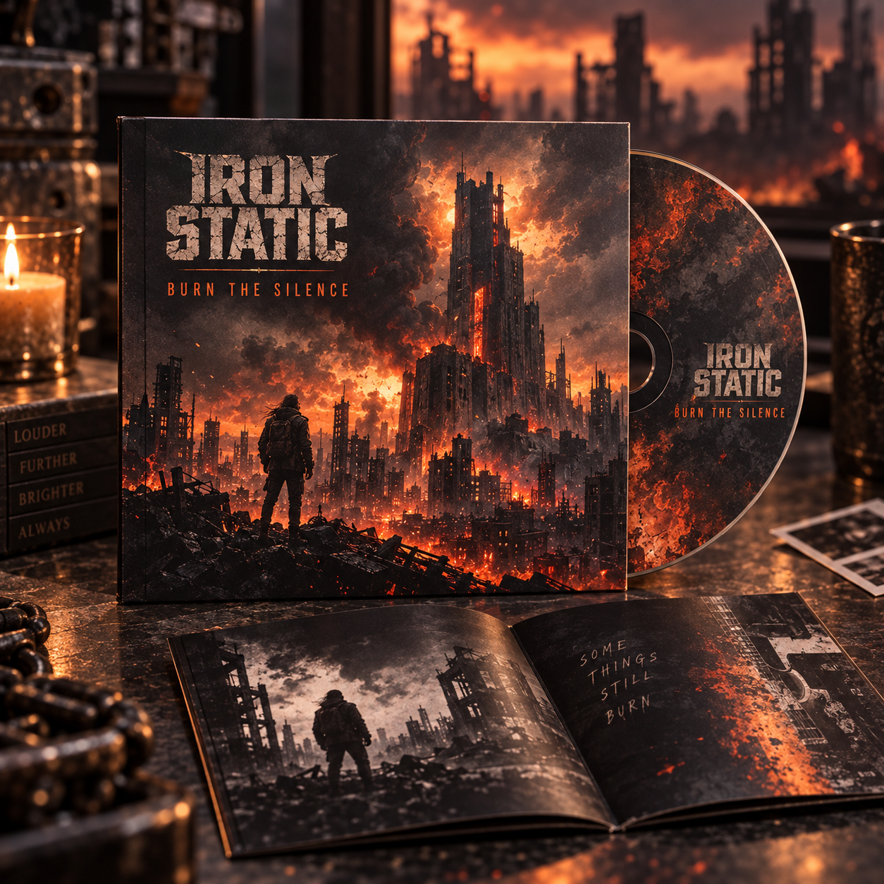 Fictional premium rock CD package with booklet and printed disc