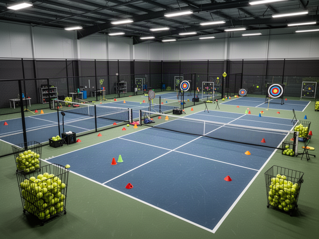 Pickleball academy facility with training equipment and court-planning zones