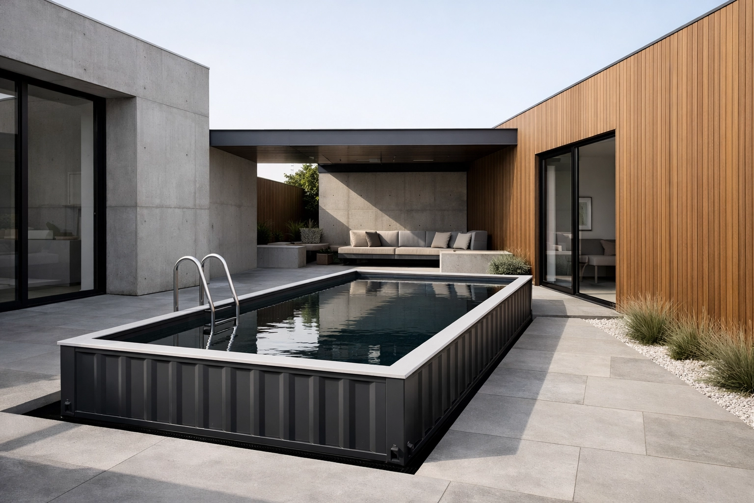 Black Auremont modular pool in a contemporary concrete courtyard