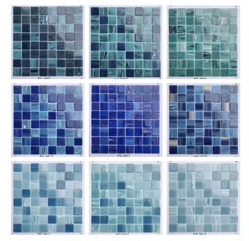 Auremont deep blue teal and aqua mosaic pool tile palette options