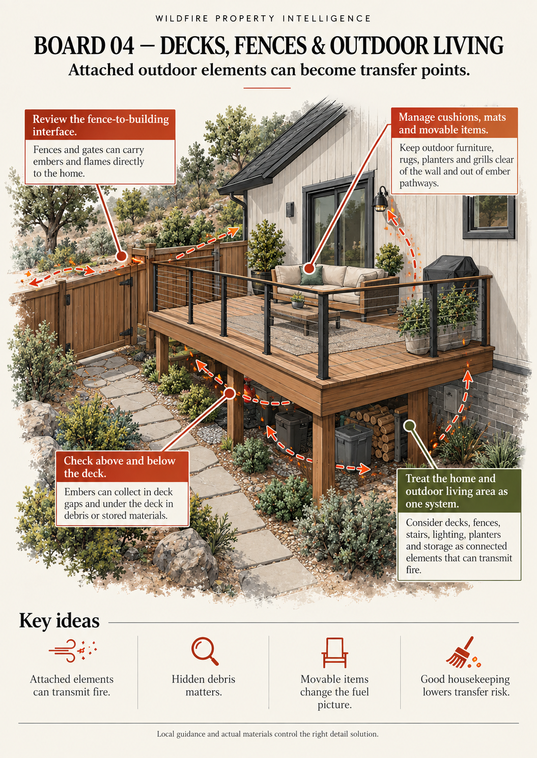 Illustrated wildfire board showing deck, fence, furniture and under-deck ignition transfer pathways