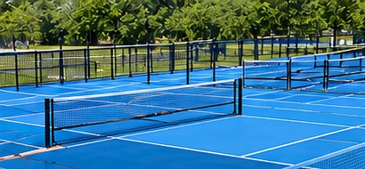 Multiple blue pickleball courts using continuous sports surfacing