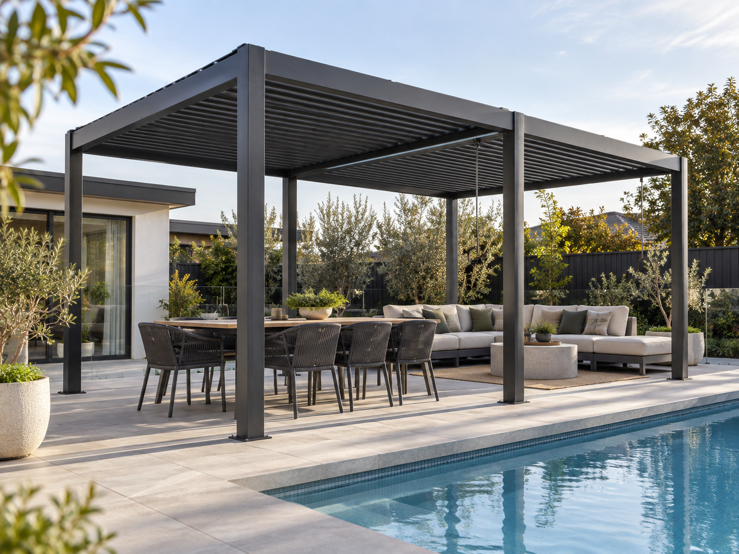 Architectural visualisation of a charcoal AEGIS PRIME multi-bay louvre pergola beside a residential pool