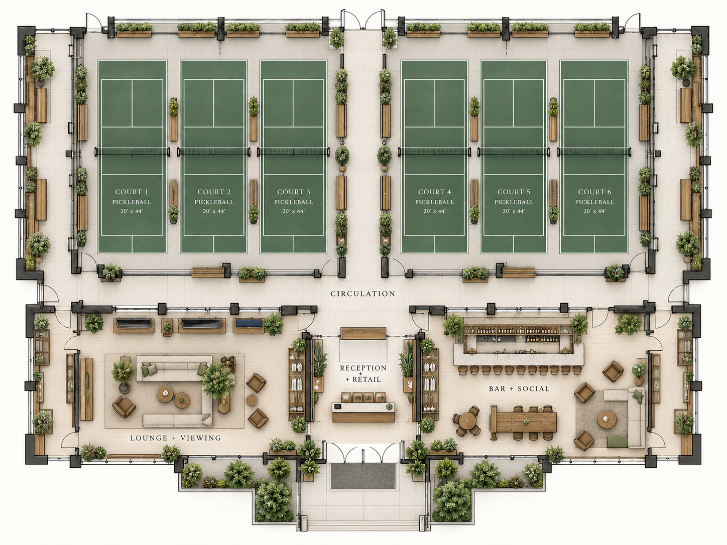 Six-court commercial pickleball club plan with reception, retail, lounge, viewing and bar-social areas