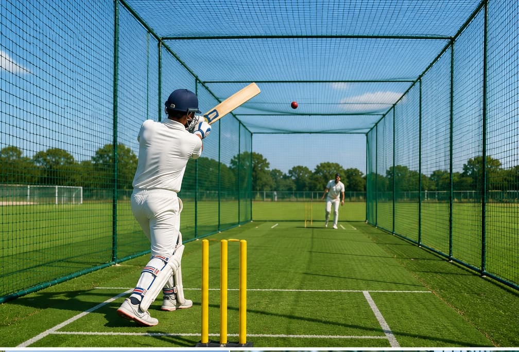 Cricket batter training inside an outdoor full-height netted practice lane