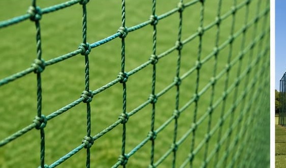 Close-up of green knotted sports netting used in a cricket practice enclosure