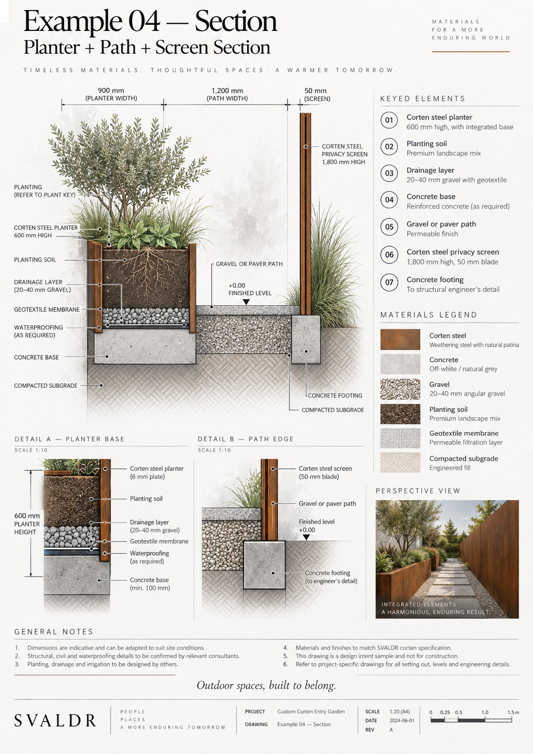 Illustrative section through a custom Corten planter, path and screen