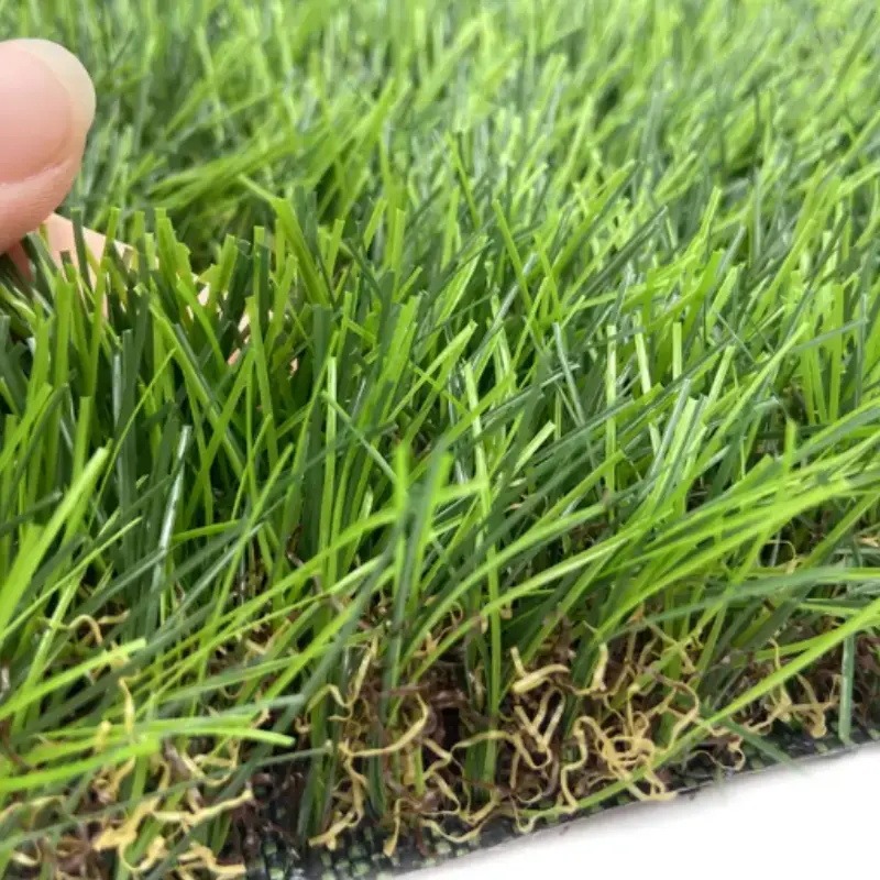Close-up view of artificial grass blades and thatch