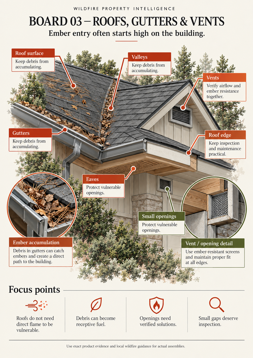Illustrated wildfire roof, gutter and vent board showing debris and ember-entry pathways