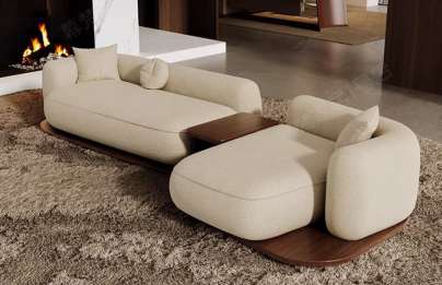 Large cream curved Nordic sofa arrangement on a warm timber platform base