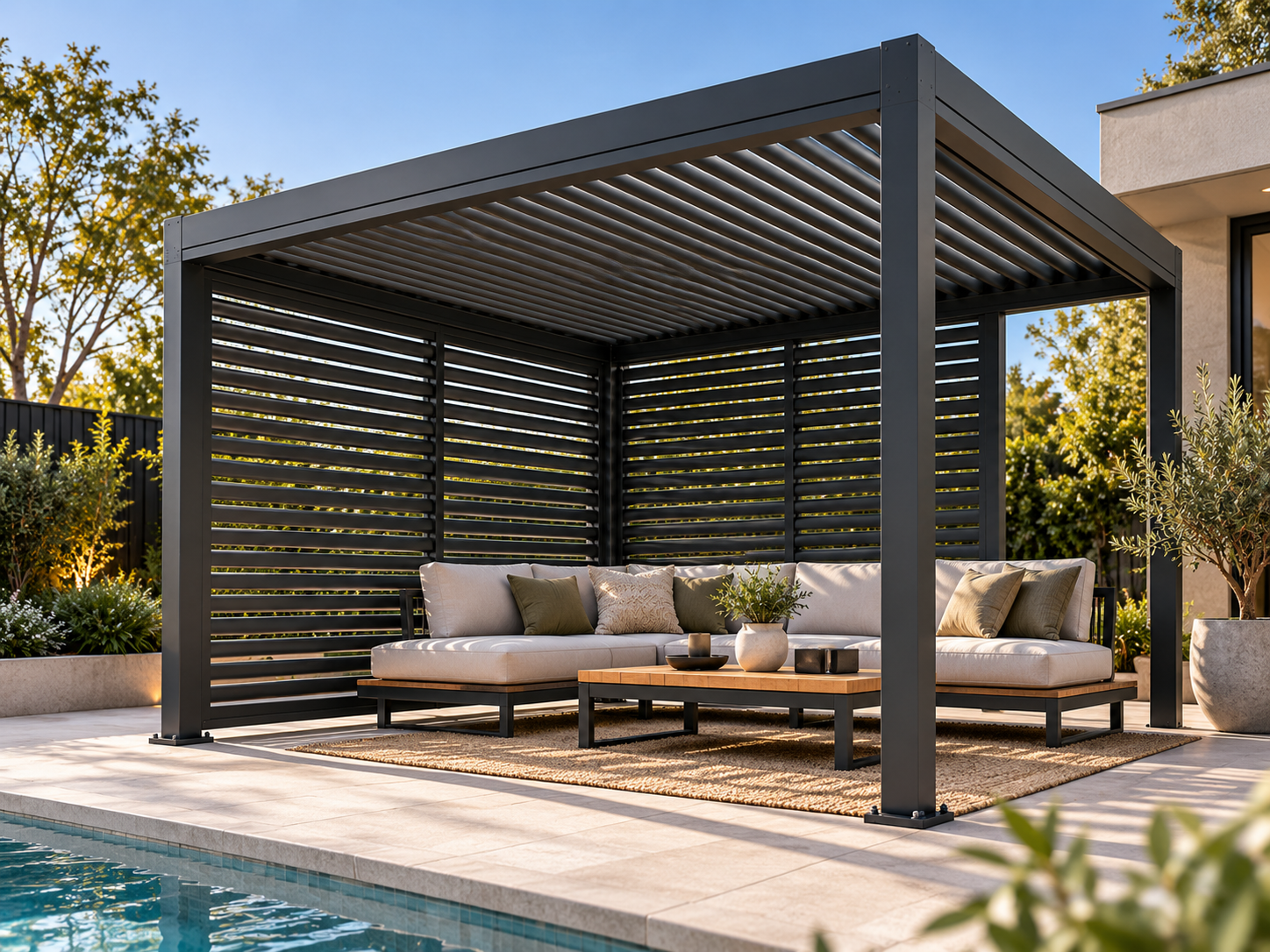 Architectural visualisation of a charcoal CADARN pergola with aluminium louvre privacy walls