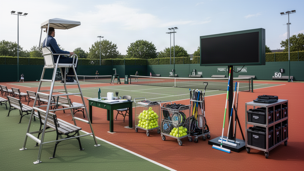 Tournament court operations equipment including umpire chair, benches, scorer table, ball carts and maintenance tools