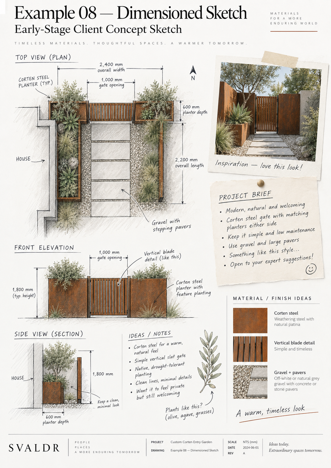 Illustrative dimensioned client concept sketch for a custom Corten entry garden