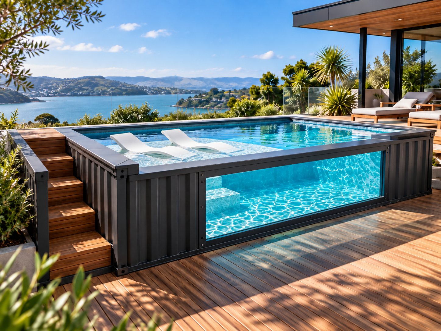 Auremont modular container pool with shallow Baja shelf and in-pool loungers