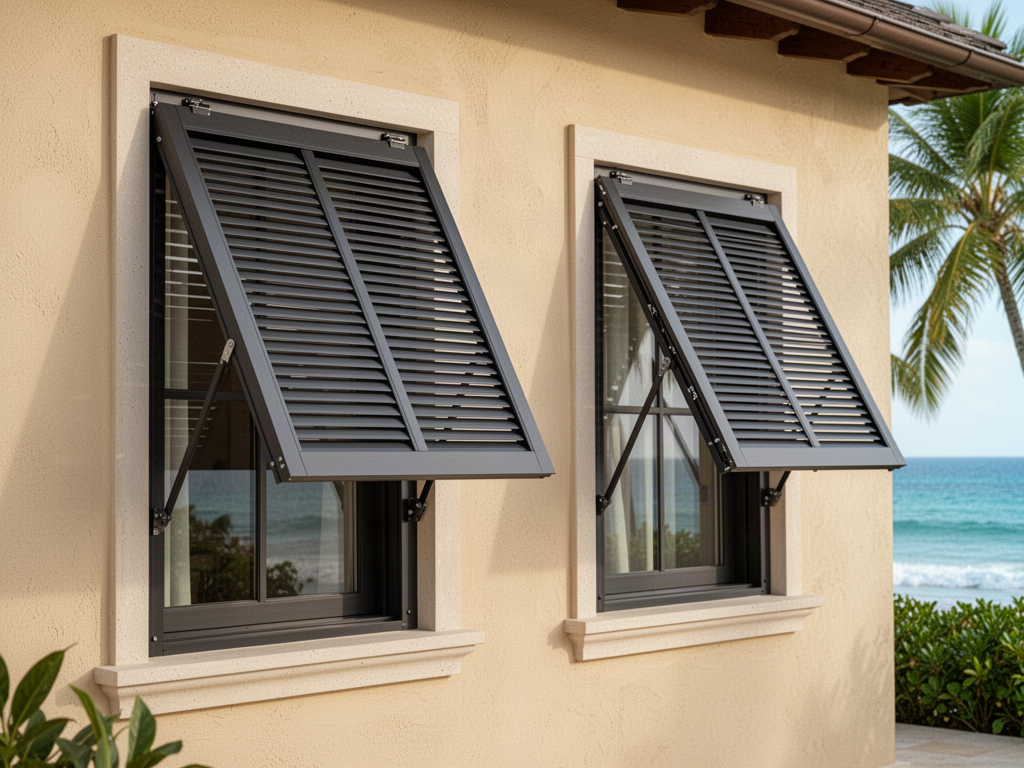 Tropical coastal villa with top-hinged aluminium Bahama hurricane shutters projecting outward for shade