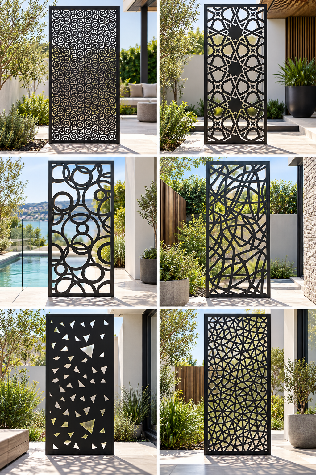 CADARN decorative privacy screen pattern options shown as installed architectural panels