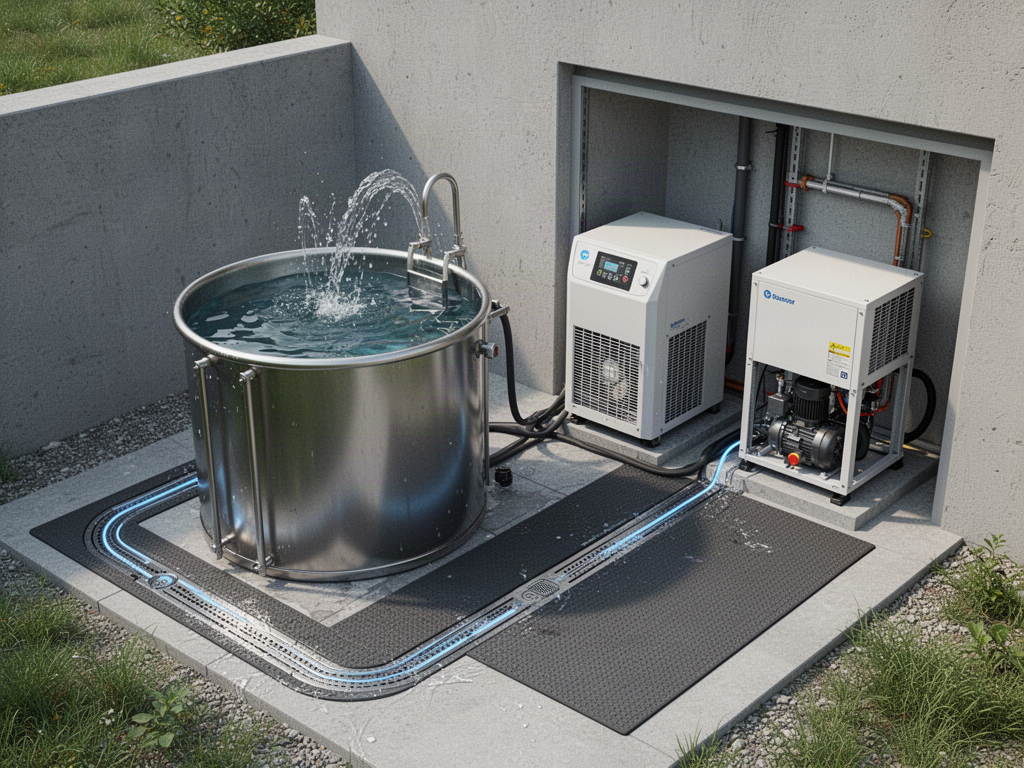 Cold plunge site-planning illustration showing vessel, chiller, drainage, power and service access