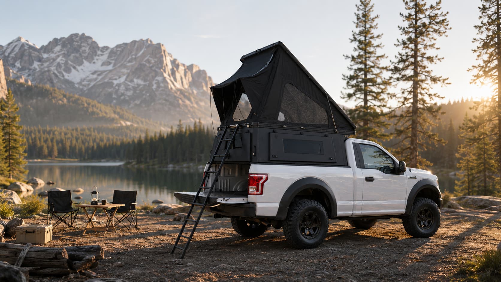 TerraRise vehicle canopy with deployable rooftop camping section and ladder