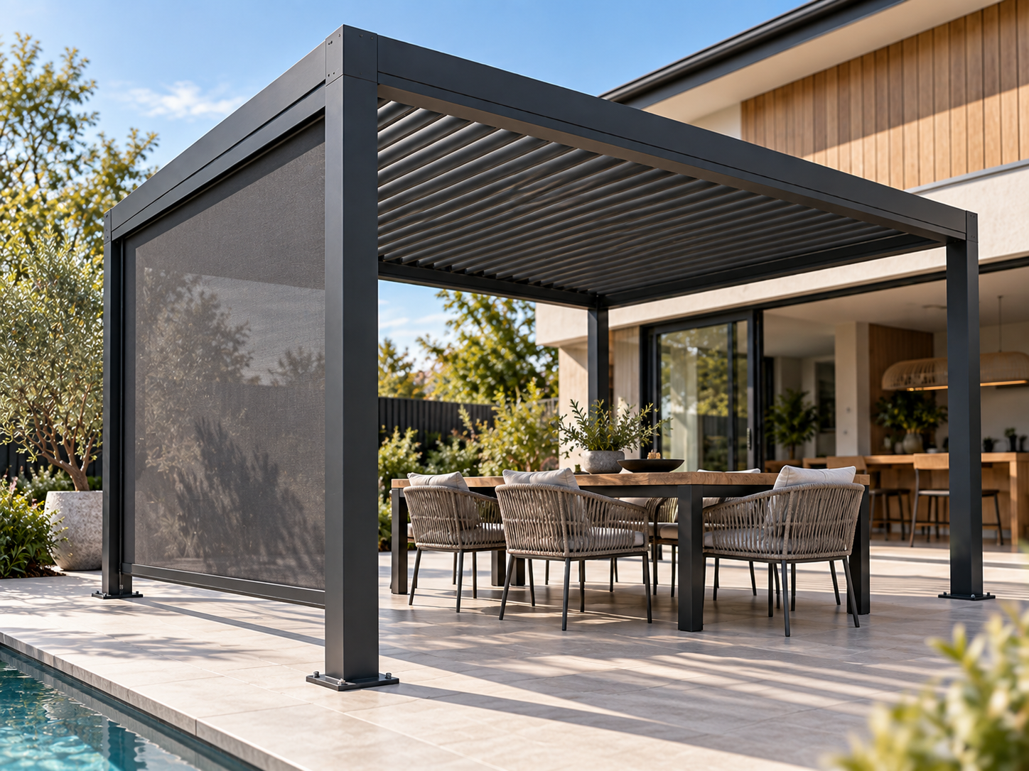 Architectural visualisation of a charcoal CADARN louvre pergola with integrated dark side blind