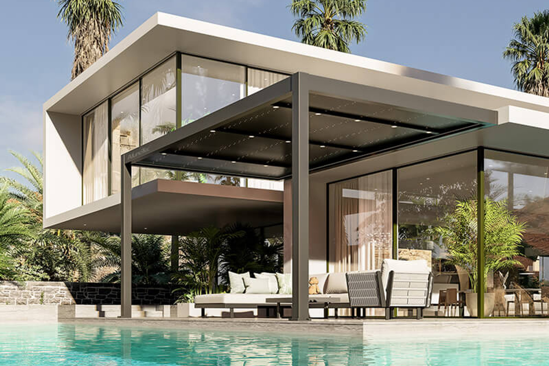 Curved fixed aluminium architectural roof beside a premium pool terrace