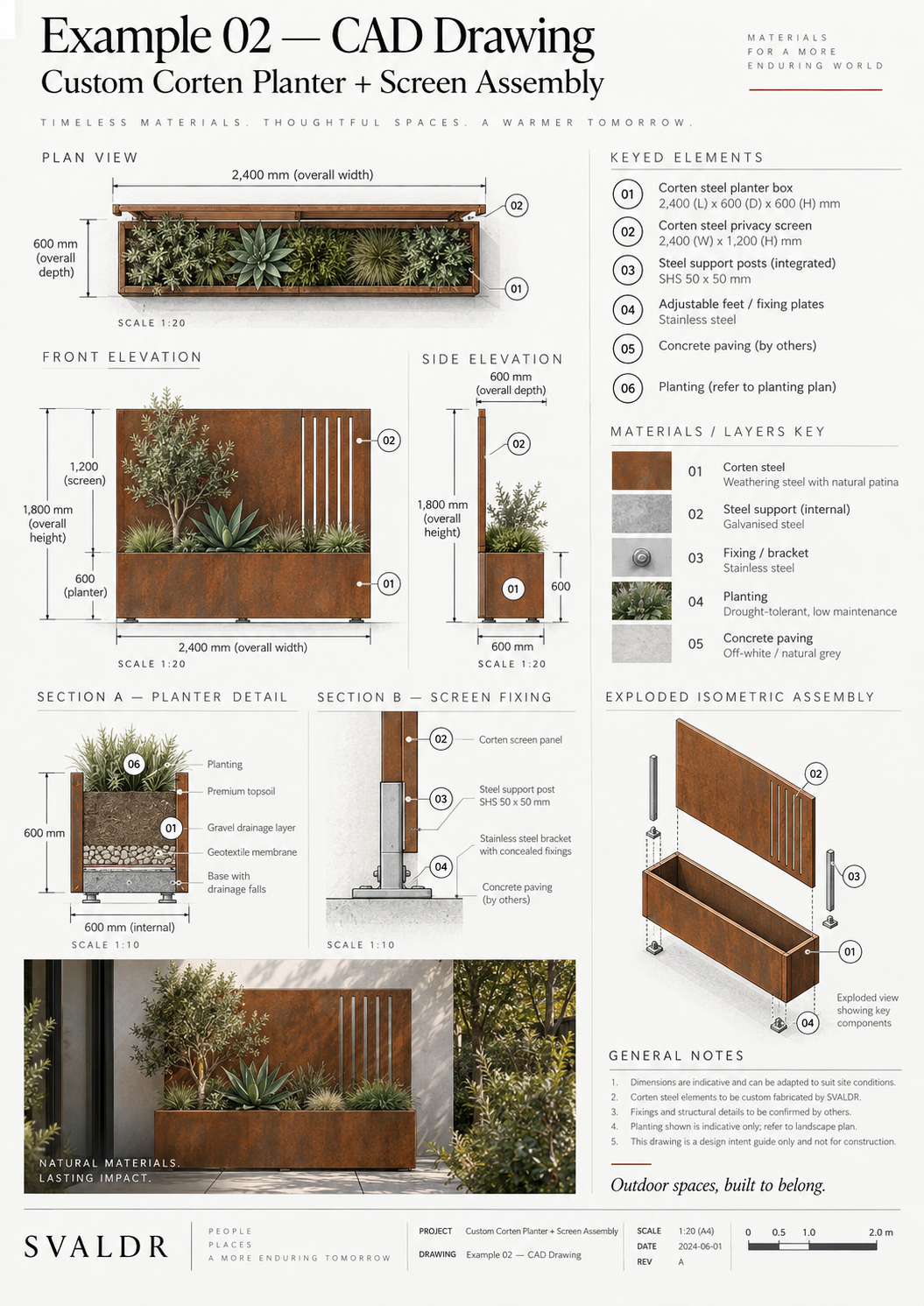 Illustrative CAD-style drawing for a custom Corten planter and screen assembly
