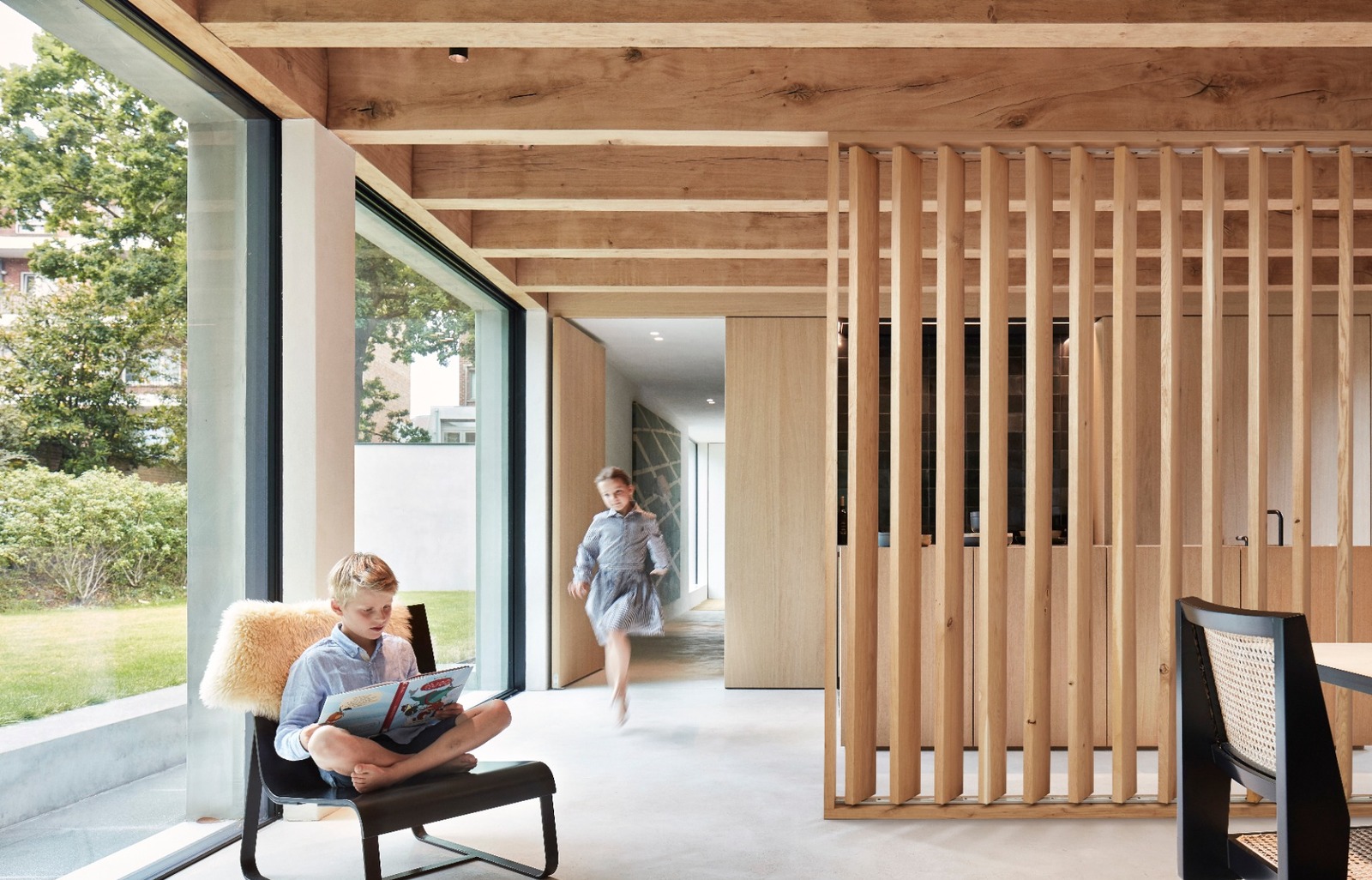 Architectural timber room divider and exposed timber ceiling system