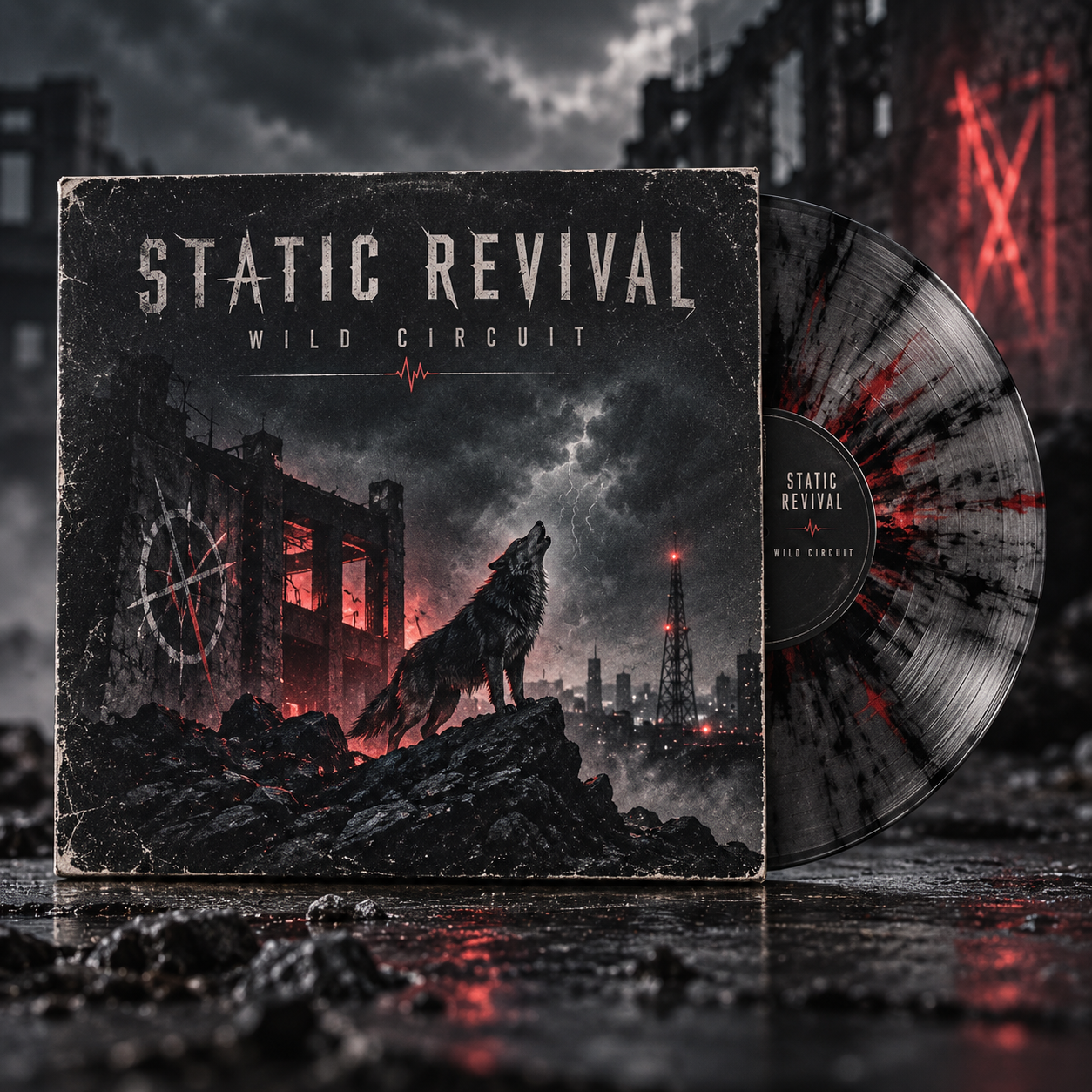Fictional rock album with premium sleeve and black-red splatter vinyl