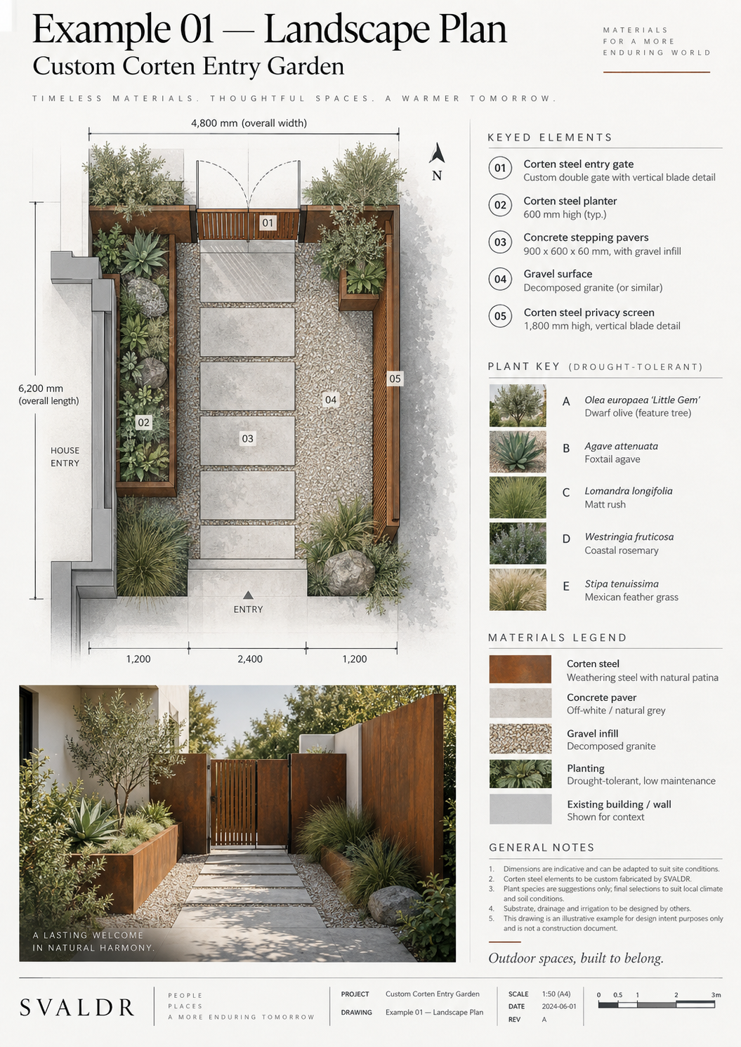 Illustrative SVALDR landscape plan showing a custom Corten entry garden