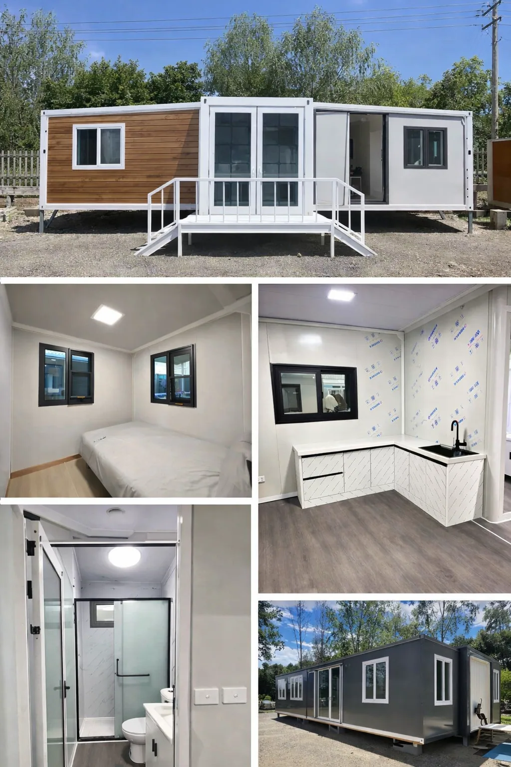 Montara expandable building collage showing exterior bedroom kitchen and bathroom views