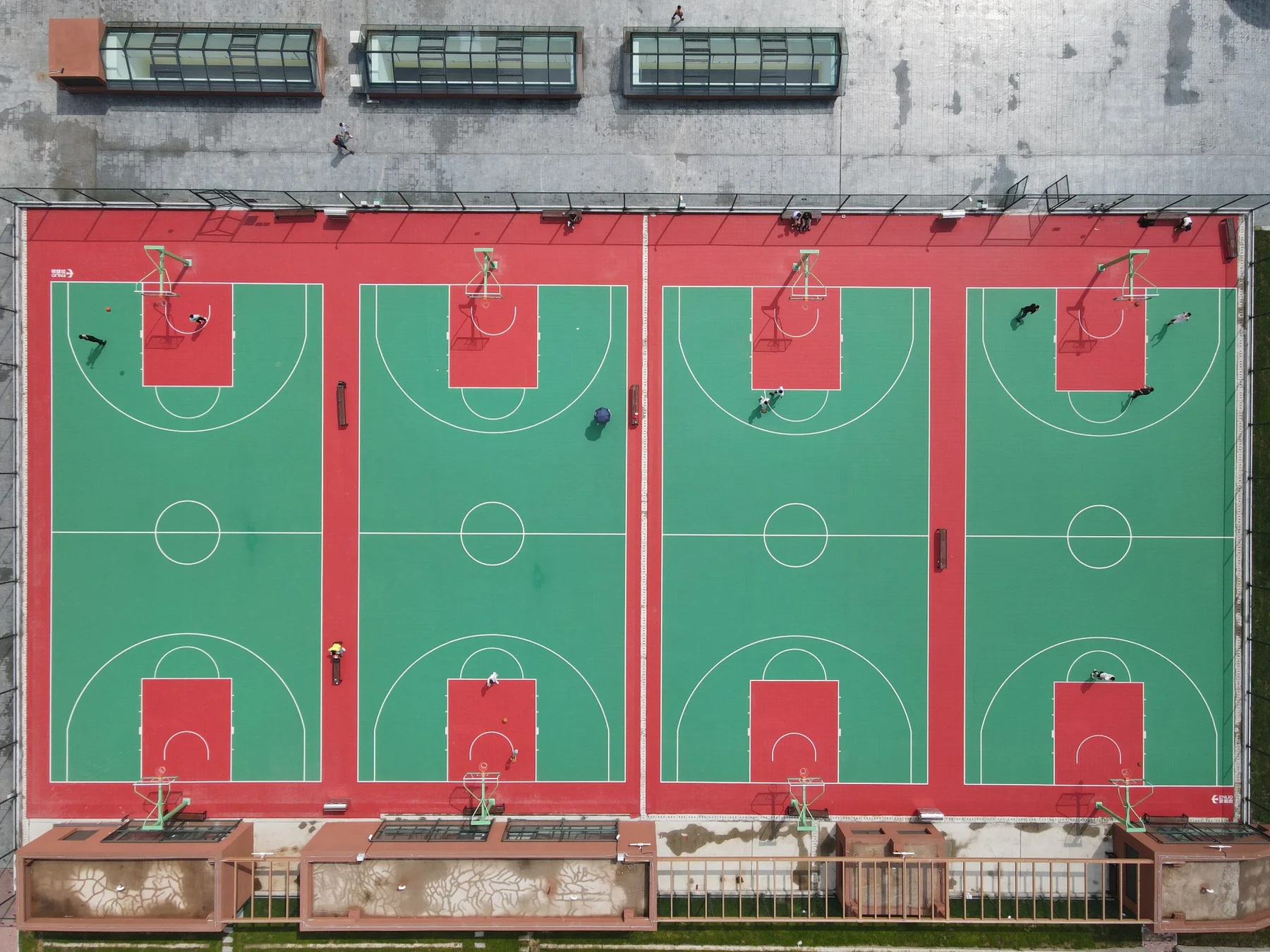 Aerial view of a large four-court modular sports installation