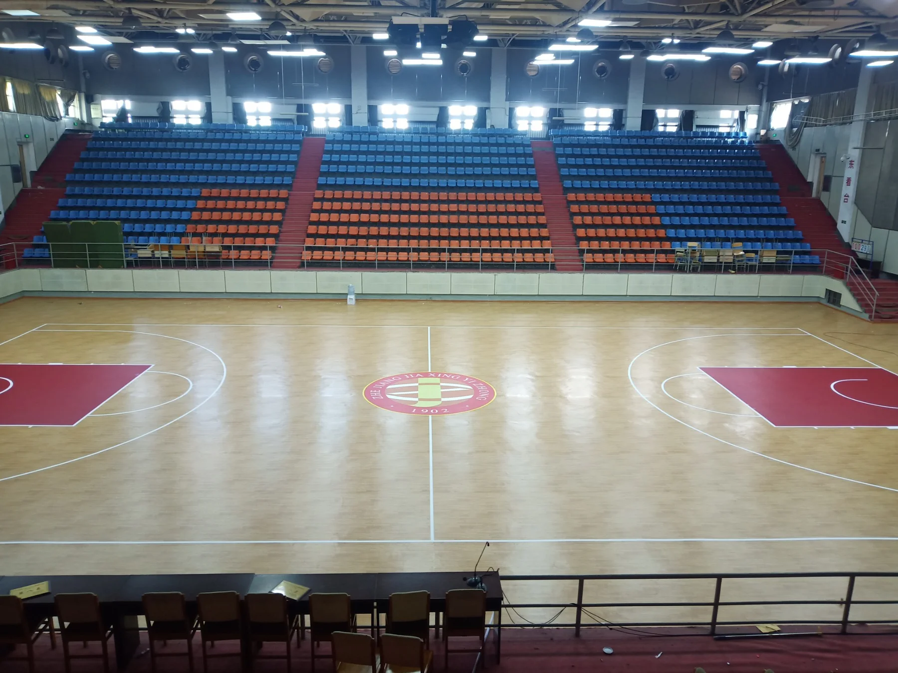 School basketball hall with wood-pattern sports flooring