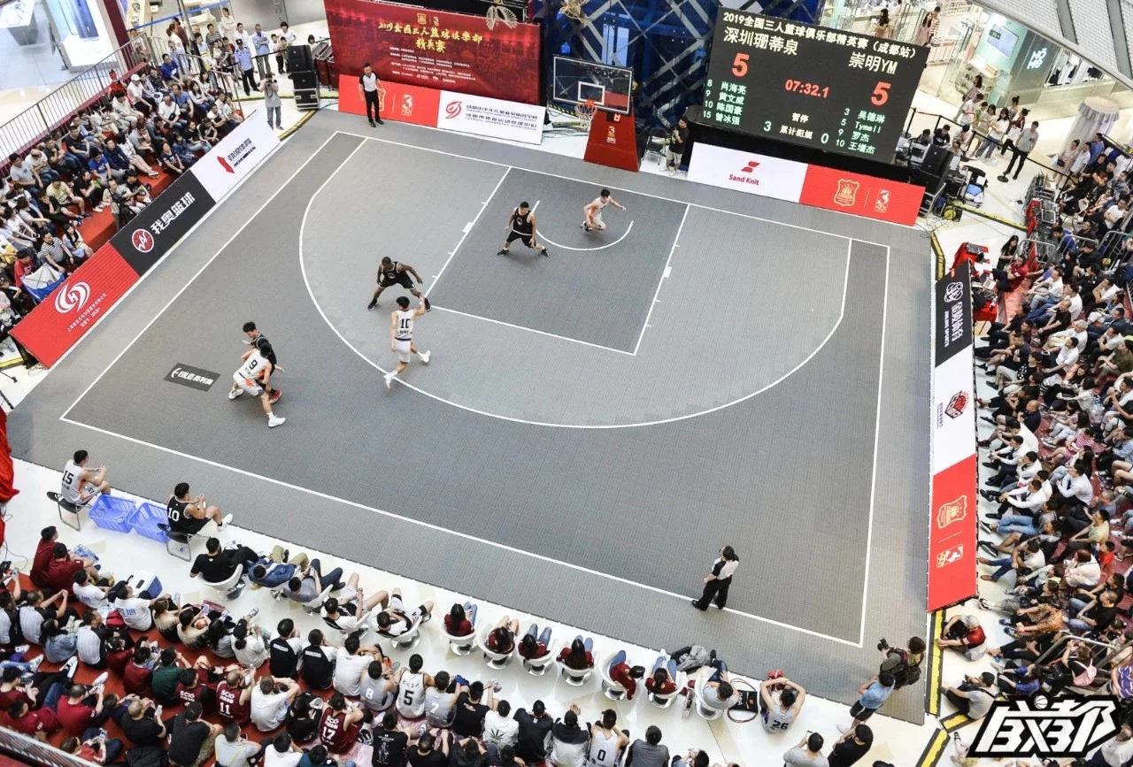 Indoor elite 3x3 basketball event viewed from above